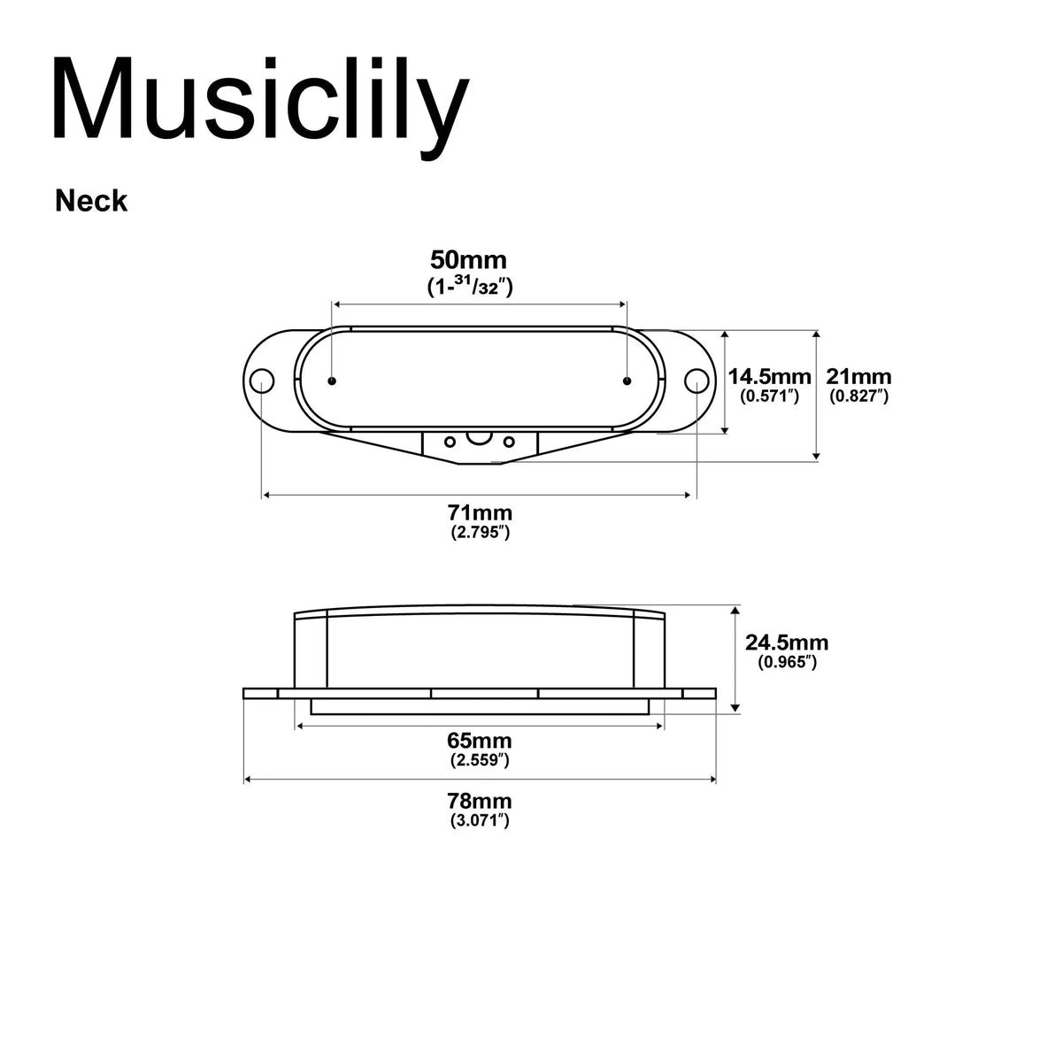 Dimensions of musiclily basic ceramic 50mm tl neck pickup for tele style electric guitar chrome m547