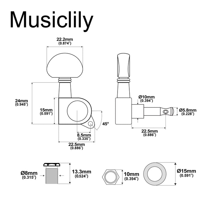 Musiclily Basic R15A Singolo Rapporto 15:1 Testata Macchina Intera Sigillata per Accordatura Lato Basso con Pulsante a Mezzaluna per Chitarra Acustica Elettrica