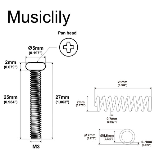 Dimensions of musiclily pro m3x25mm pan head humbucker pickup mounting screws and steel springs set for import electric guitar set of 6