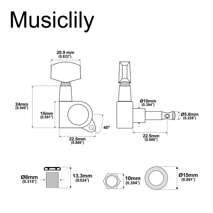 Musiclily Basic R15A Singolo Rapporto 15:1 Testata Macchina Intera Sigillata per Accordatura Lato Basso con Pulsante Esagonale Grande per Chitarra Acustica Elettrica