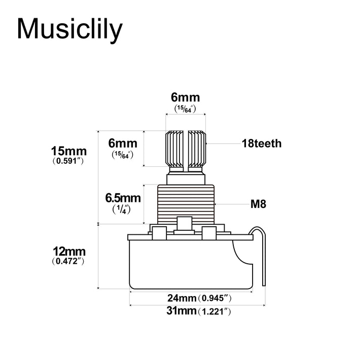 Dimensions of musiclily basic 500k metric coarse 18 spline split short shaft pots audio linear taper potentiometers for electric guitar bass m597 2