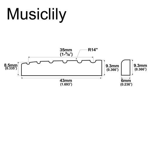 Dimensions of musiclily basic flat bottom slotted bone acoustic guitar nut 43x6x9 3 8 5mm m630 2