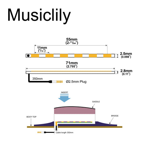 Dimensions of musiclily basic ceramic hard guitar pickup under saddle piezo for classcial guitar m675