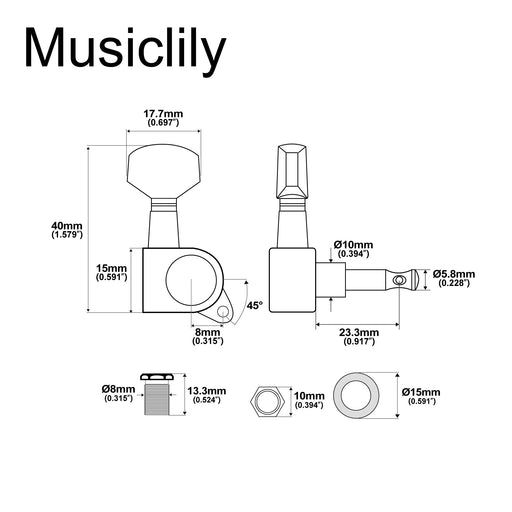 Dimensions of musiclily basic 6 in line sealed guitar tuners tuning pegs keys machine heads set for fender strat tele style guitar m174 6