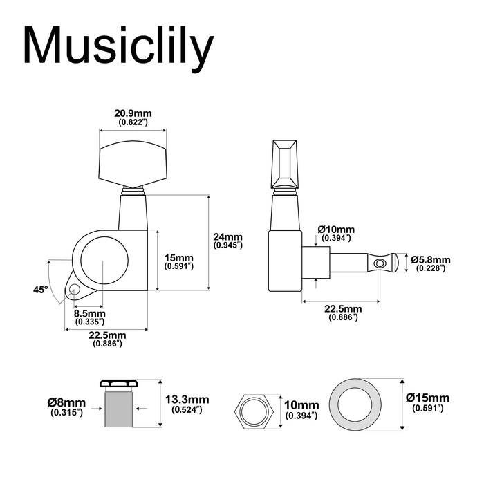 Musiclily Basic R15A Single 15:1 Ratio Full Sealed Machine Head Treble Side Tuner Tuning Peg Key with Big Hex Button for Acoustic Electric Guitar