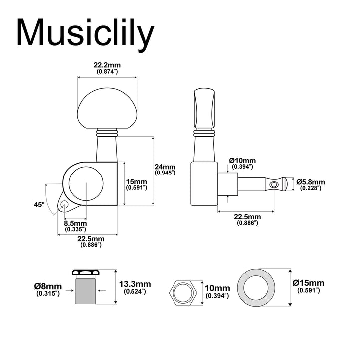 Musiclily Basic R15A Single 15:1 Ratio Full Sealed Machine Head Treble Side Tuner Tuning Peg Key with Half Moon Button for Acoustic Electric Guitar