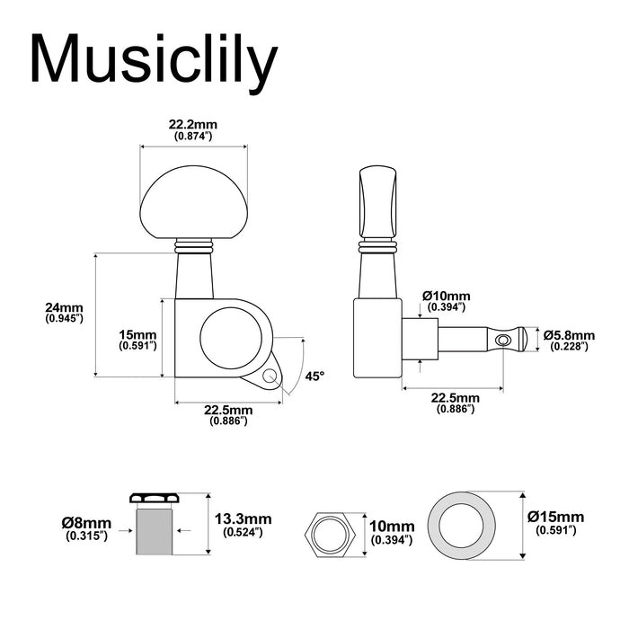 Musiclily Basic R15A Singolo Rapporto 15:1 Testata Macchina Intera Sigillata per Accordatura Lato Treble con Pulsante a Mezzaluna per Chitarra Acustica Elettrica