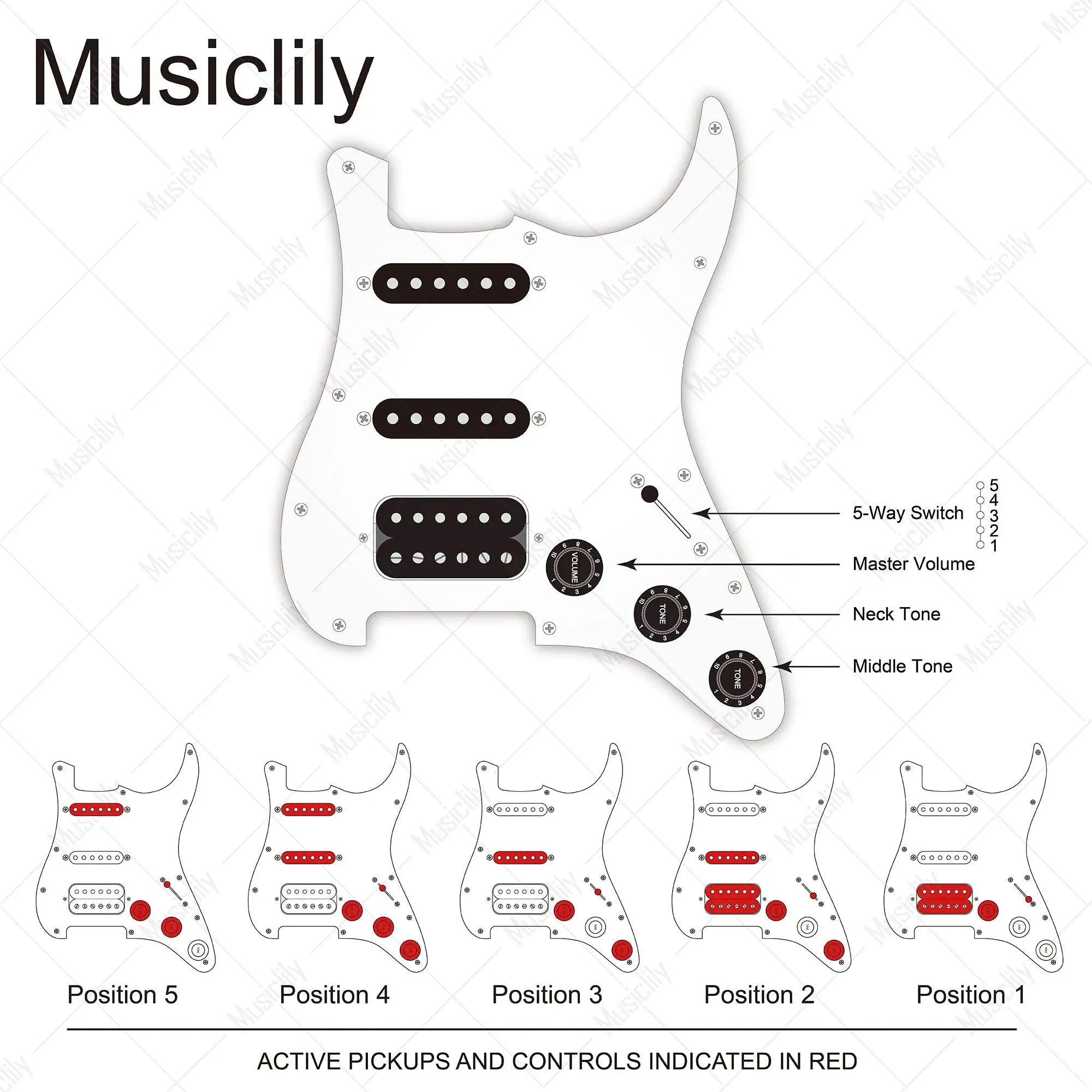 Dimensions of musiclily basic pre wired loaded st hss pickguard with ceramic pickups for strat style electric guitar m766p