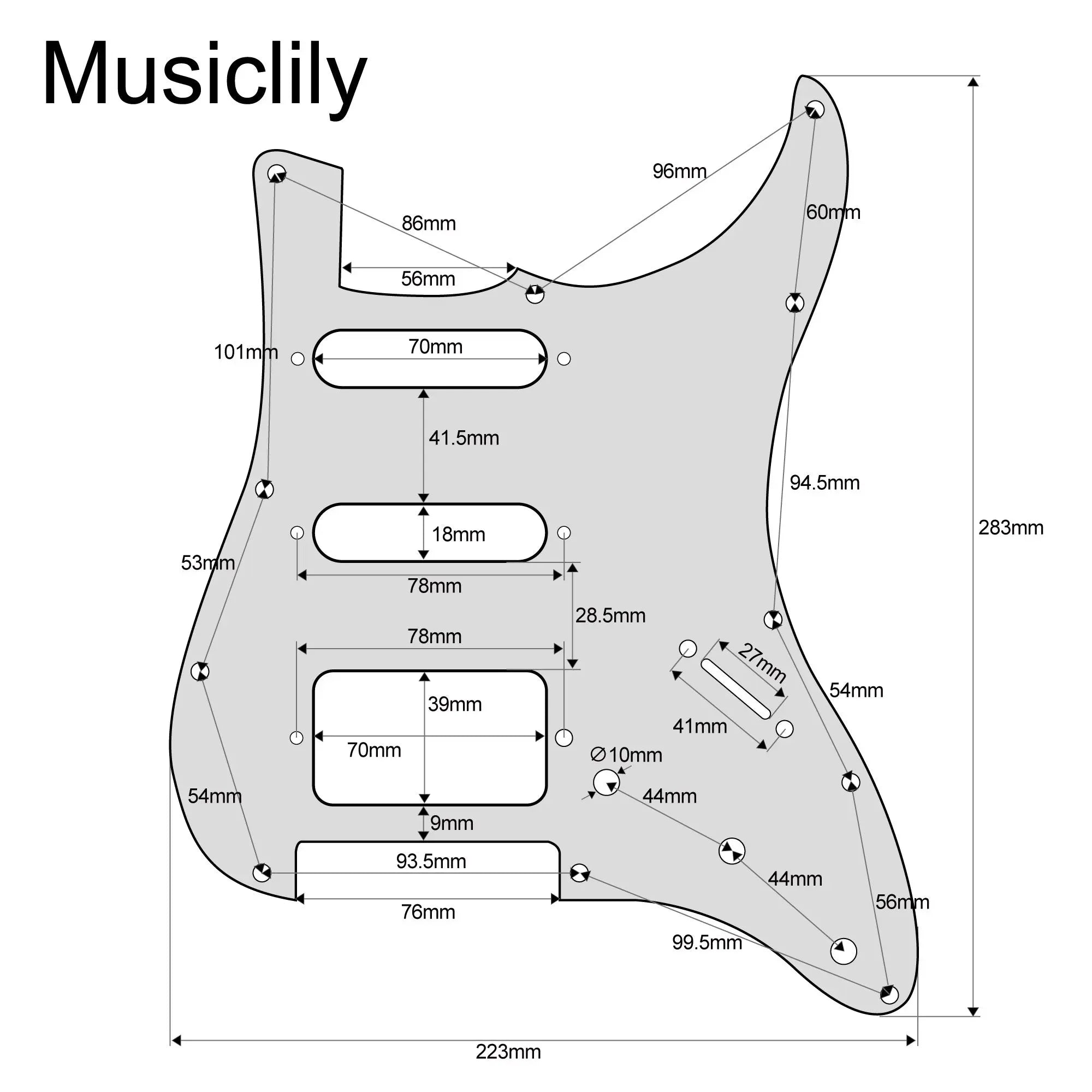 Dimensions of musiclily basic pre wired loaded st hss pickguard with ceramic pickups for strat style electric guitar m766p