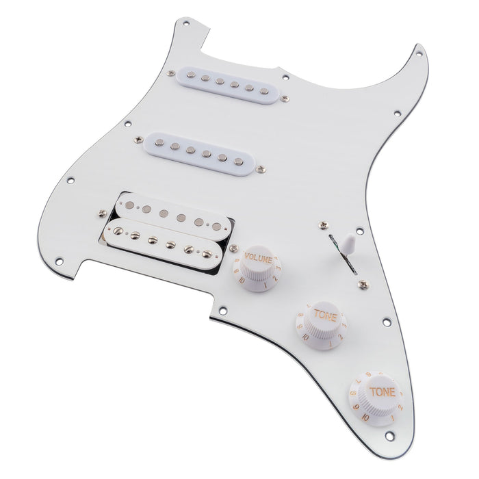 detail of musiclily basic pre wired loaded st hss pickguard with ceramic pickups for strat style electric guitar m766p