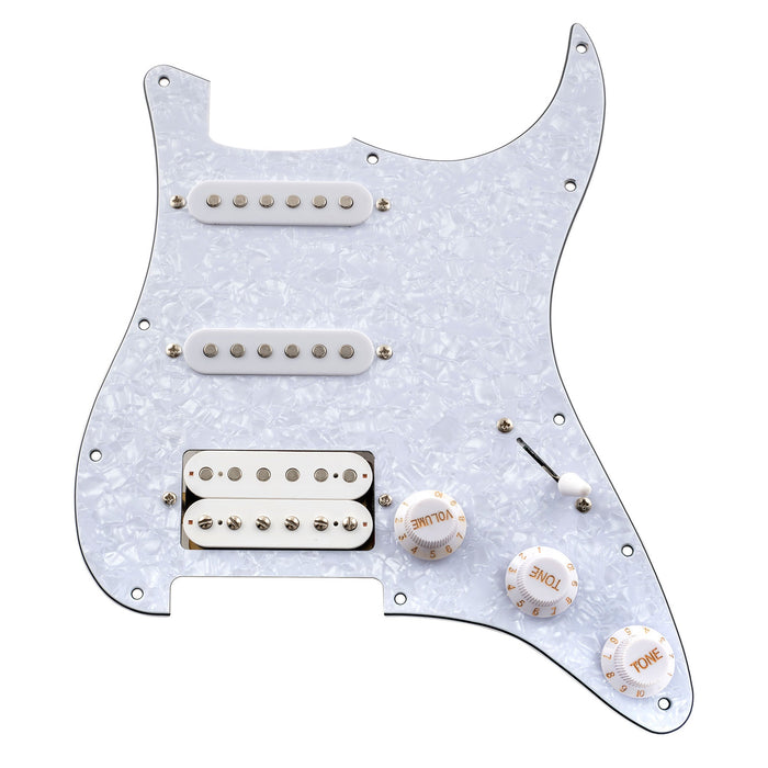 musiclily basic pre wired loaded st hss pickguard with ceramic pickups for strat style electric guitar m766p, white pearl
