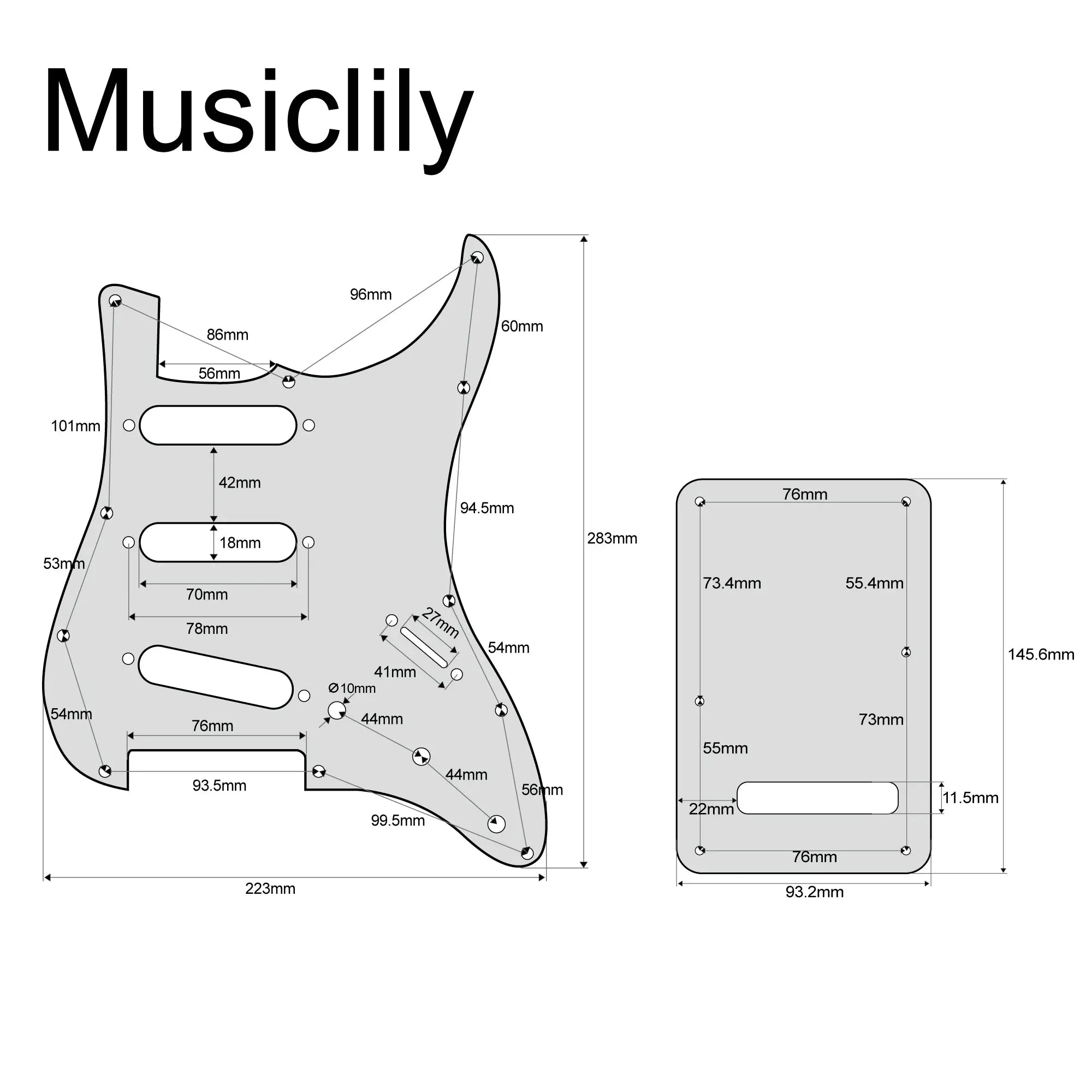 Dimensions of musiclily pro sss 11 hole strat guitar pickguard and backplate set for fender usa mexican standard strat modern style 1 3 4ply mx0111mx0021p