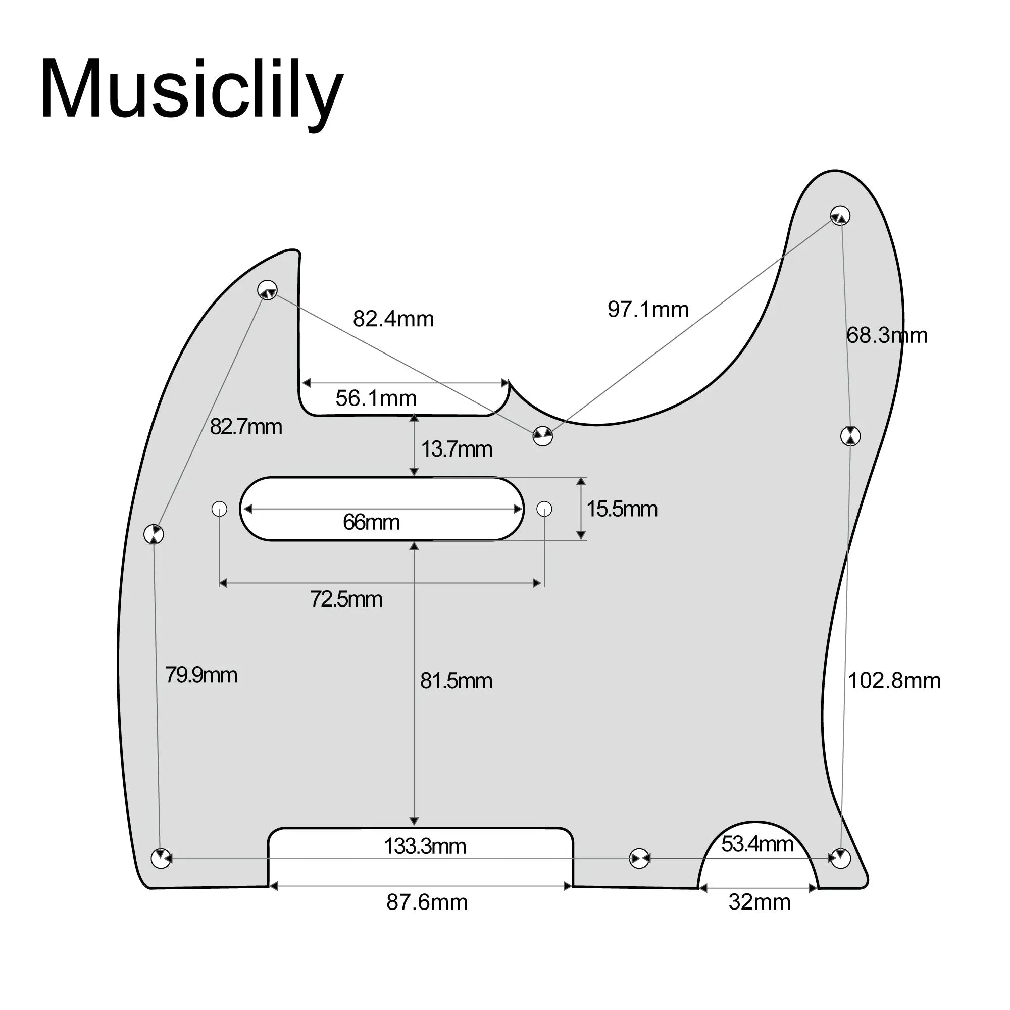Dimensions of musiclily pro 8 hole tele guitar pickguard for usa mexican made fender standard telecaster modern style 1 3 4 ply mx0220p