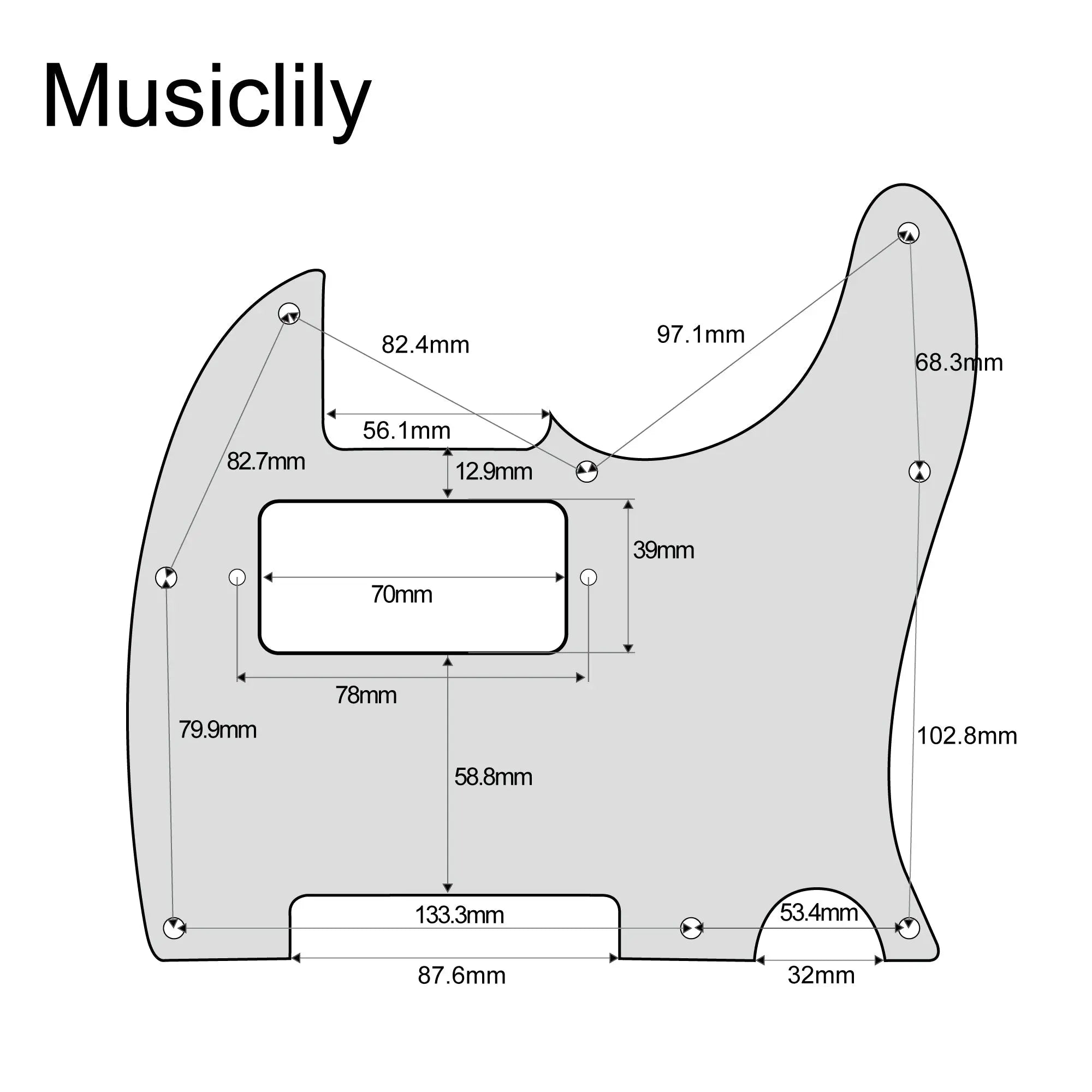 Dimensions of musiclily pro 8 hole guitar tele pickguard humbucker hh for usa mexican made fender standard telecaster modern style 1 3 4 ply mx0265p