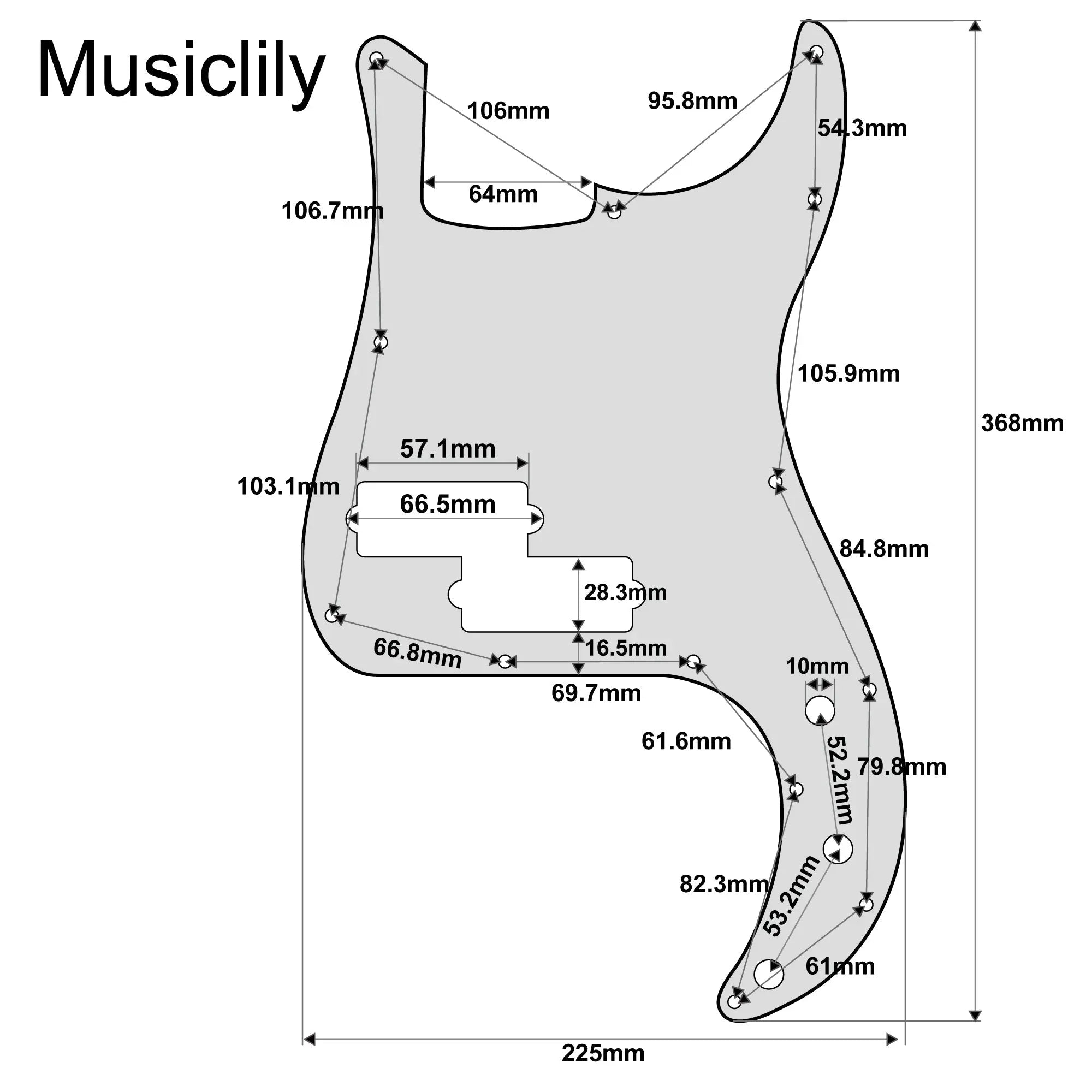Dimensions of musiclily pro 13 hole p bass pickguard for fender american mexican standard precision bass 1 3 4ply mx0355p