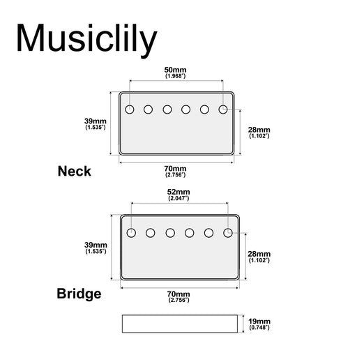 Dimensions of musiclily basic 50mm neck and 52mm bridge metal guitar humbucker pickup covers set mx0645mx0646