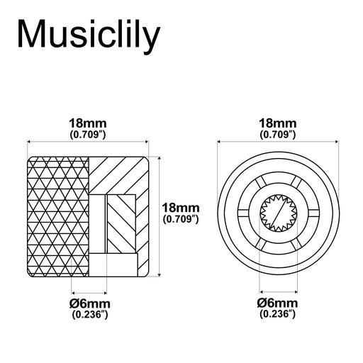 Dimensions of musiclily basic coarse 18 splines steel flat top knurled control knobs for electric guitar or bass 18 18mm mx0675 4p