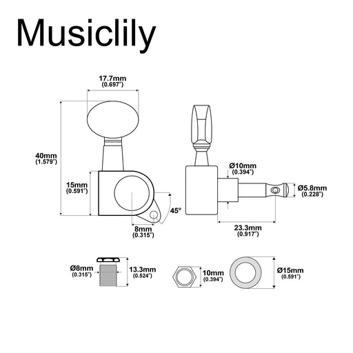 Dimensions of musiclily basic 6 in line guitar sealed tuners tuning pegs keys machine heads set vintage oval button mx0693 6