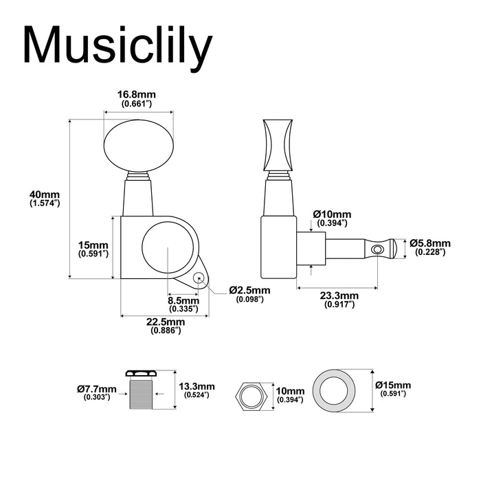 Musiclily Basic R15A Single 15:1 Ratio Full Sealed Machine Head Bass Side Tuner Tuning Peg Key with Vintage Oval Button for Acoustic Electric Guitar