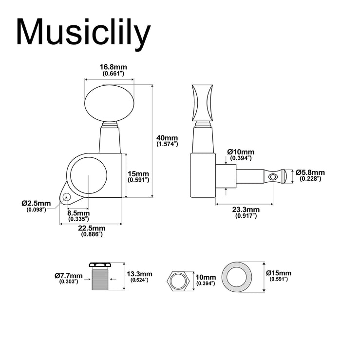 Musiclily Basic R15A Single 15:1 Ratio Full Sealed Machine Head Treble Side Tuner Tuning Peg Key with Vintage Oval Button for Acoustic Electric Guitar