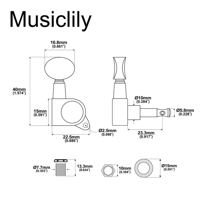 Musiclily ベーシック R15A シングル 15:1 比率 完全密封 機械ヘッド ベースサイド チューナー チューニングペグキー ヴィンテージオーバルボタン アコースティックエレキギター用