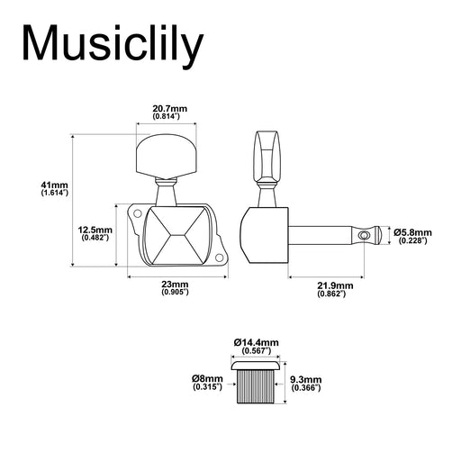 Dimensions of 3r3l 15 1 ratio semi closed acoustic electric guitar machine heads tuners tuning pegs keys with 45 degree screw mx0700 3mx0701 3p