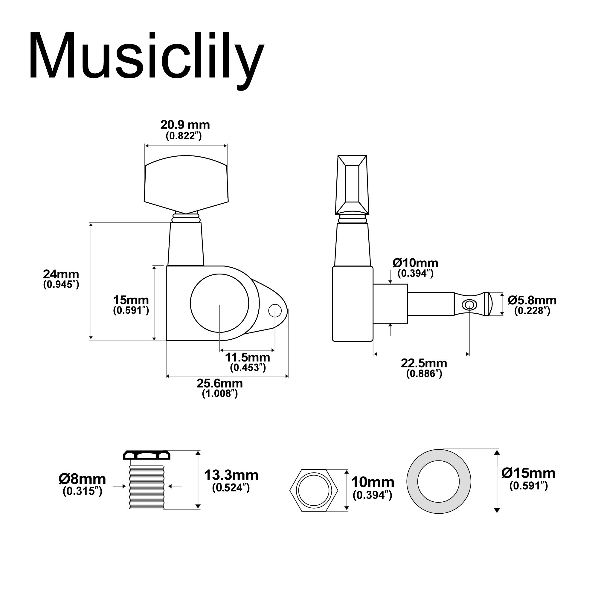 Musiclily Basic R15A 3R3L Rapporto 15:1 Teste di Macchina Completamente Sigillate Accordatori Chiavi con Pulsante Esagonale Grande Vite ad Angolo Retto per Chitarra Acustica Elettrica