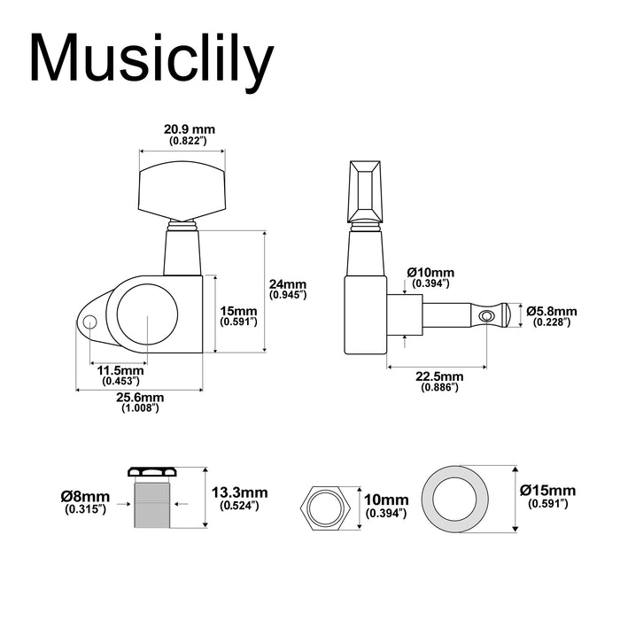 Musiclily Basic R15A Single 15:1 Ratio Full Sealed Machine Head Treble Side Tuner Tuning Peg Key with Big Hex Button Right Angle Screw for Acoustic Electric Guitar