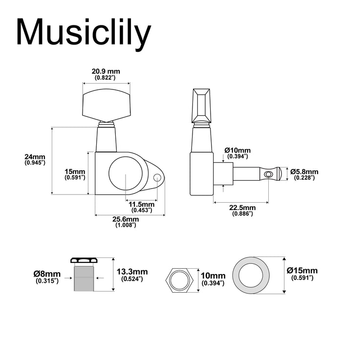 Musiclily Basic R15A Single 15:1 Ratio Full Sealed Machine Head Bass Side Tuner Tuning Peg Key with Big Hex Button Right Angle Screw for Acoustic Electric Guitar