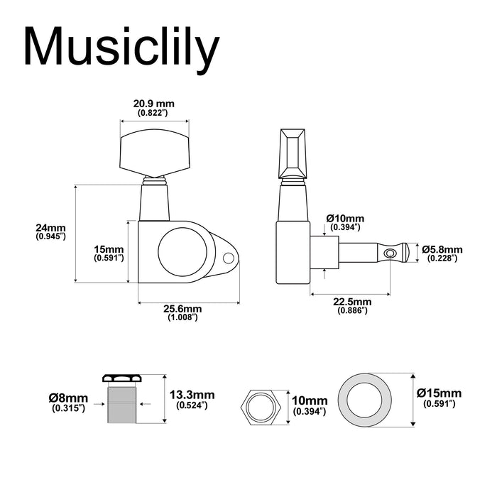 Musiclily Basic R15A Singolo Rapporto 15:1 Testata Macchina Intera Sigillata per Accordatura Lato Basso con Pulsante Esagonale Grande e Vite ad Angolo Retto per Chitarra Acustica Elettrica