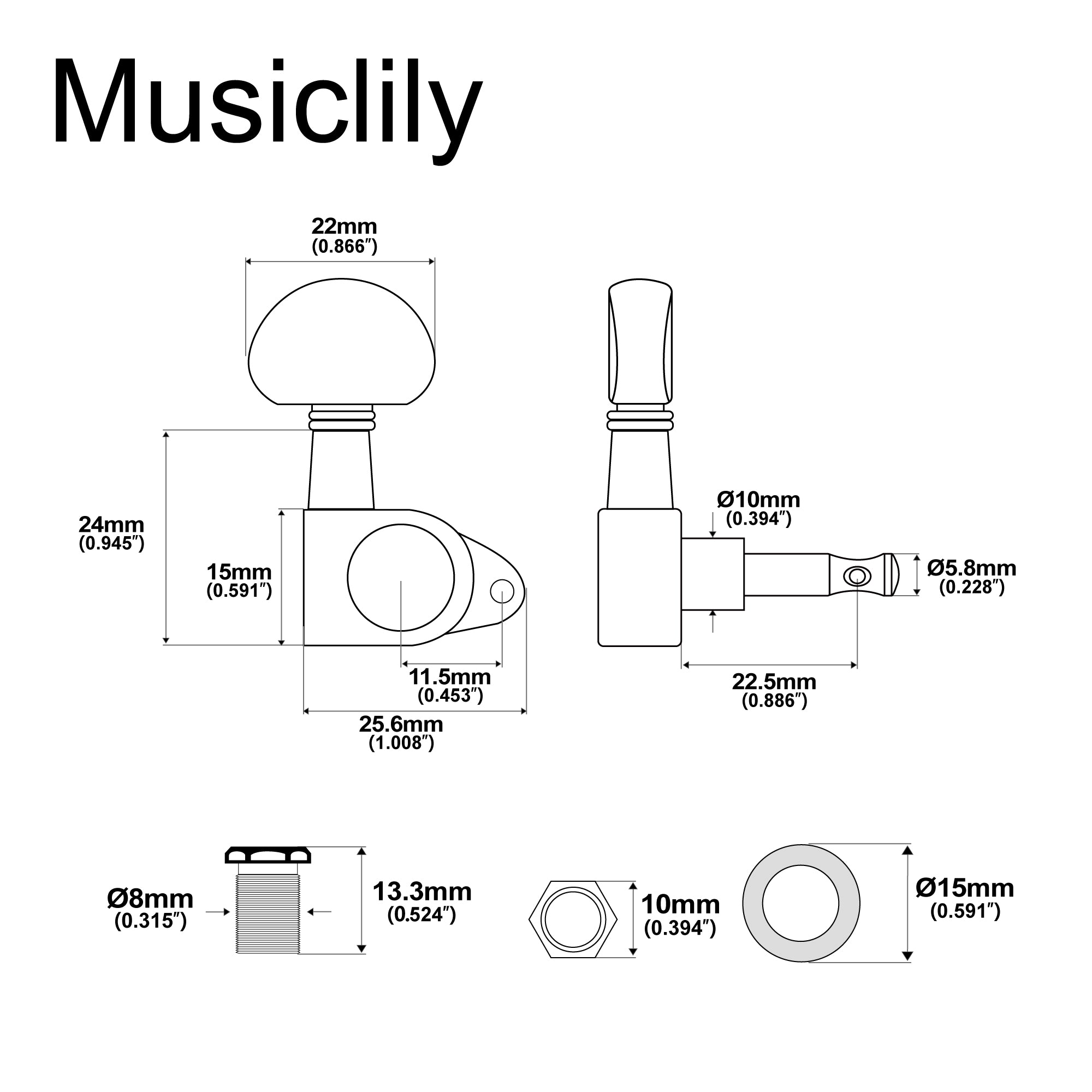 Musiclily Basic R15A 3R3L Rapporto 15:1 Teste di Macchina Completamente Sigillate Accordatori Chiavi con Pulsante a Mezzaluna Vite ad Angolo Retto per Chitarra Acustica Elettrica
