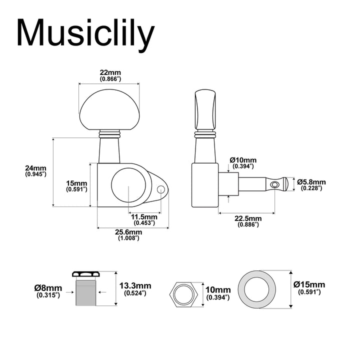 Musiclily Basic R15A 3R3L 15:1 Ratio Full Sealed Machine Heads Tuners Tuning Pegs Keys with Half Moon Button Right Angle Screw for Acoustic Electric Guitar