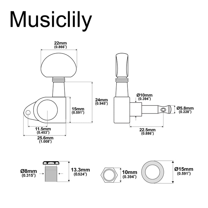Musiclily Basic R15A Single 15:1 Ratio Full Sealed Machine Head Treble Side Tuner Tuning Peg Key with Half Moon Button Right Angle Screw for Acoustic Electric Guitar