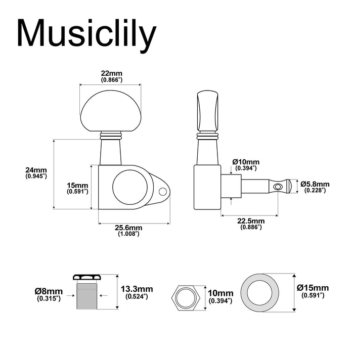 Musiclily Basic R15A Singolo Rapporto 15:1 Testata Macchina Intera Sigillata per Accordatura Lato Basso con Pulsante a Mezzaluna e Vite ad Angolo Retto per Chitarra Acustica Elettrica
