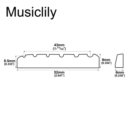 Dimensions of musiclily basic flat bottom slotted 6 string classical guitar bone nut dj 01 dj 03 52x6x9 8 5mm mx0718 2