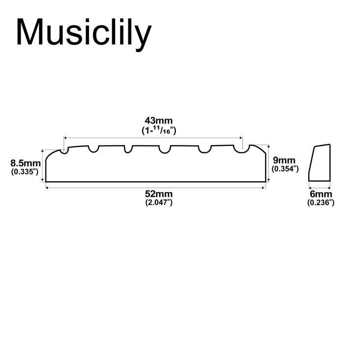 Dimensions of musiclily basic flat bottom slotted 6 string classical guitar bone nut dj 01 dj 03 52x6x9 8 5mm mx0718 2