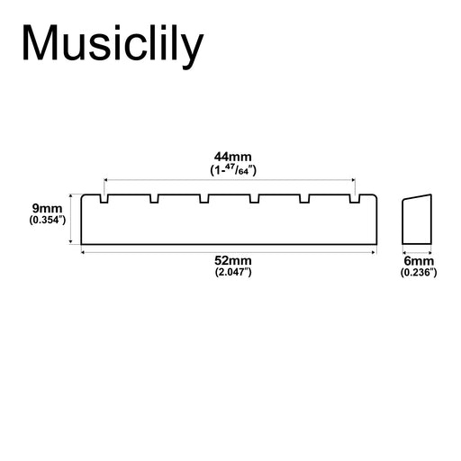 Dimensions of musiclily basic flat bottom slotted 6 string classical guitar bone nut dj 05 dj 07 52x6x9mm mx0722 2