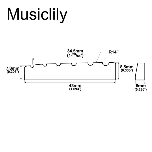 Dimensions of musiclily basic 43mm flat bottom slotted guitar bone string nut for 6 string electric guitar 43x6x8 5mm mx0735 2