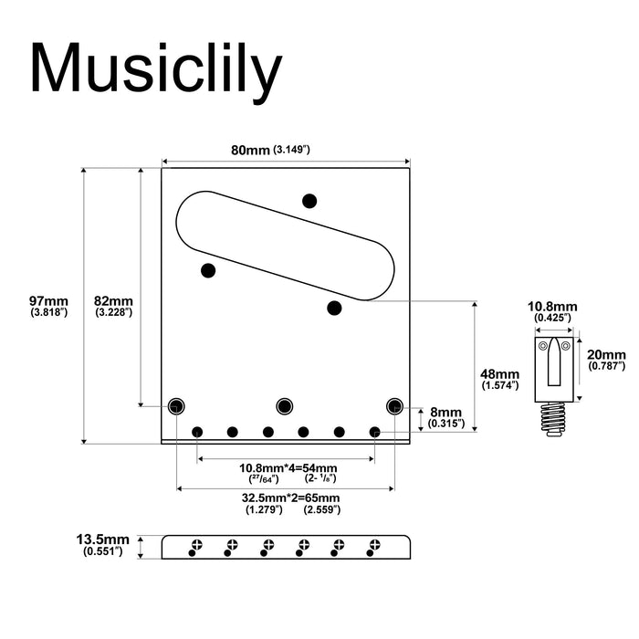 Dimensions of musiclily basic 54mm2 1 8 inch guitar bridge assembly with 6 saddles for tele style electric guitar mx0823p