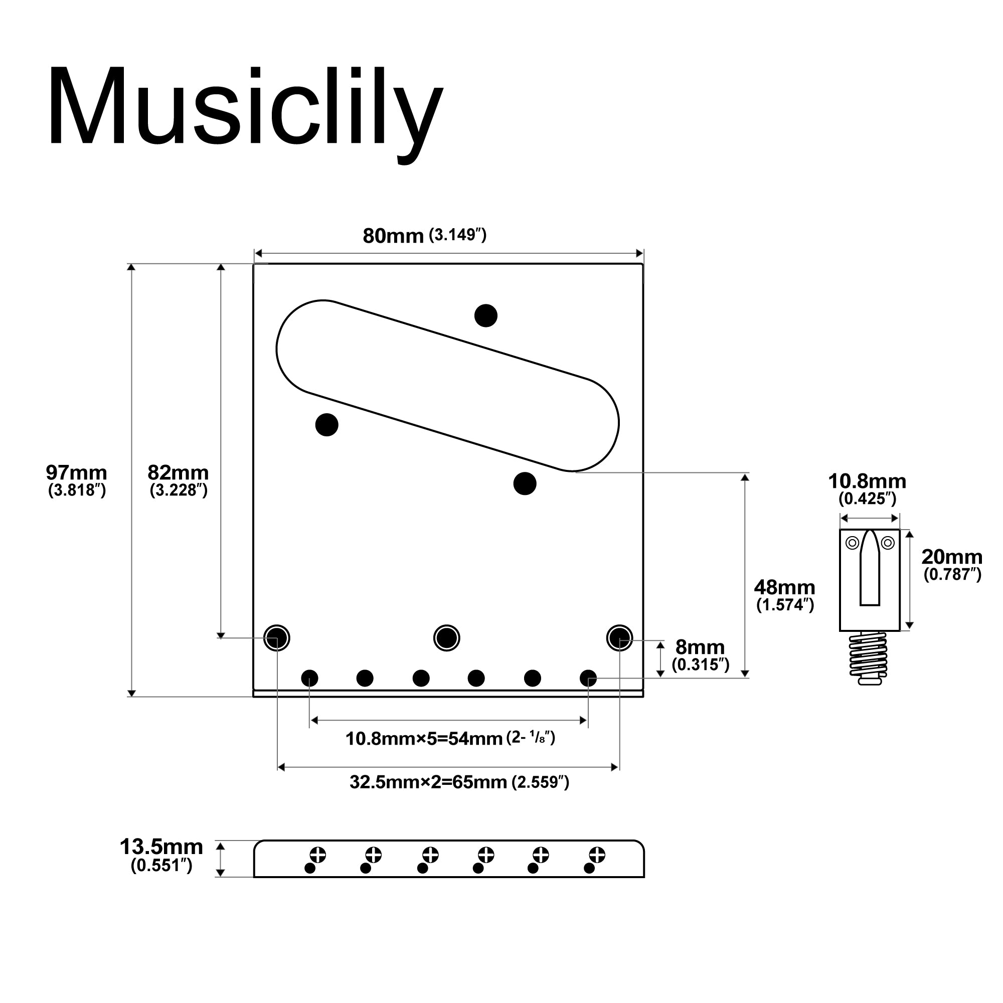 Musiclily Basic 54mm(2-1/8 inch) Guitar Bridge Assembly with 6 Saddles for Tele Style Electric Guitar