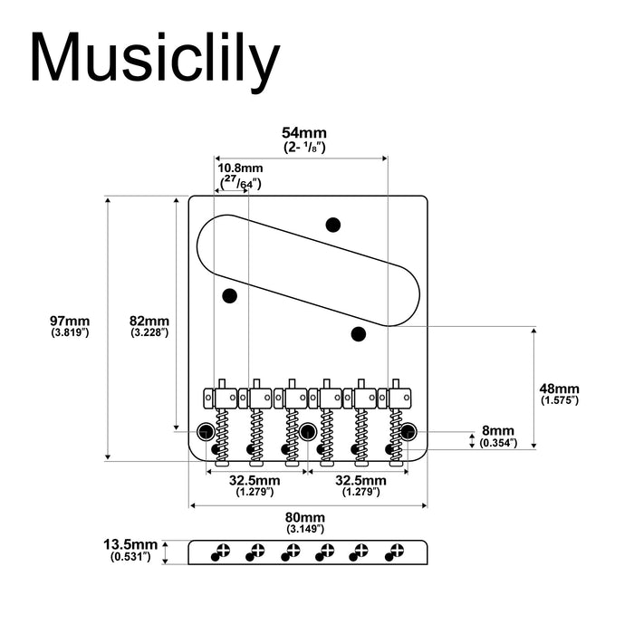 Dimensions of musiclily basic 54mm2 1 8 inch vintage 6 string bridge with 6 saddles for tele style guitar mx0825