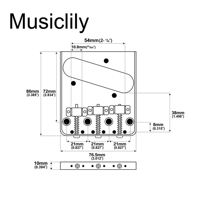 Dimensions of musiclily basic 54mm2 1 8 inch edged guitar bridge assembly with 3 saddles for tele style guitar mx0833