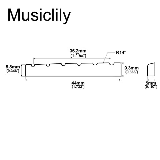 Dimensions of musiclily pro 44mm standard flat bottom slotted bone nut for lp style electric guitar 44x5x9 3mm mx1004 2