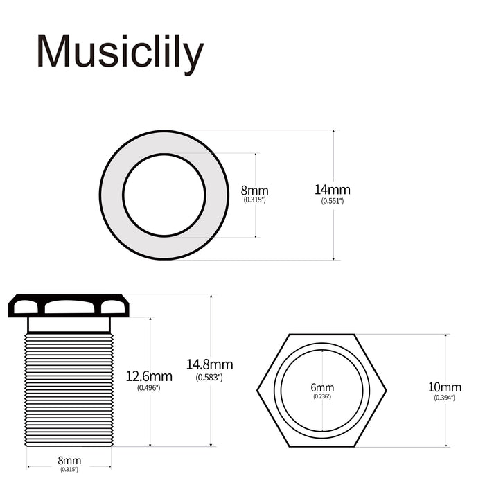 Dimensions of musiclily pro 10mm standard bushing and 14mm washer set for modern electric guitar full sealed tuners tuning pegs machine heads mx1134 6mx1135 6p