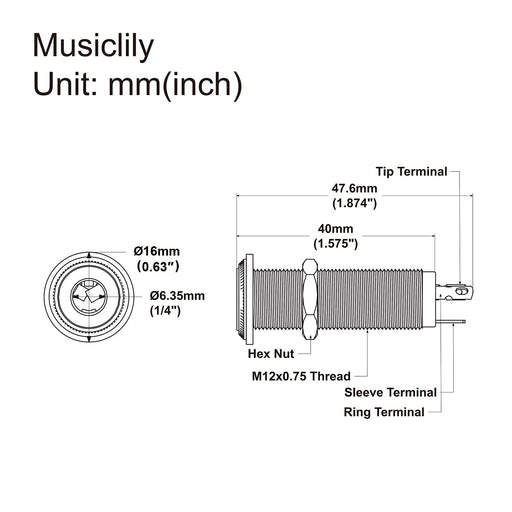 Dimensions of musiclily pro 1 4 inch metal mono guitar bass barrel output jack input plug sockets for electric guitar mx1285p