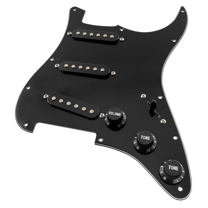 detail of musiclily basic pre wired loaded standard st sss pickguard with ceramic magnet single coil pickups set single capacitor for strat style electric guitar mx1318bk