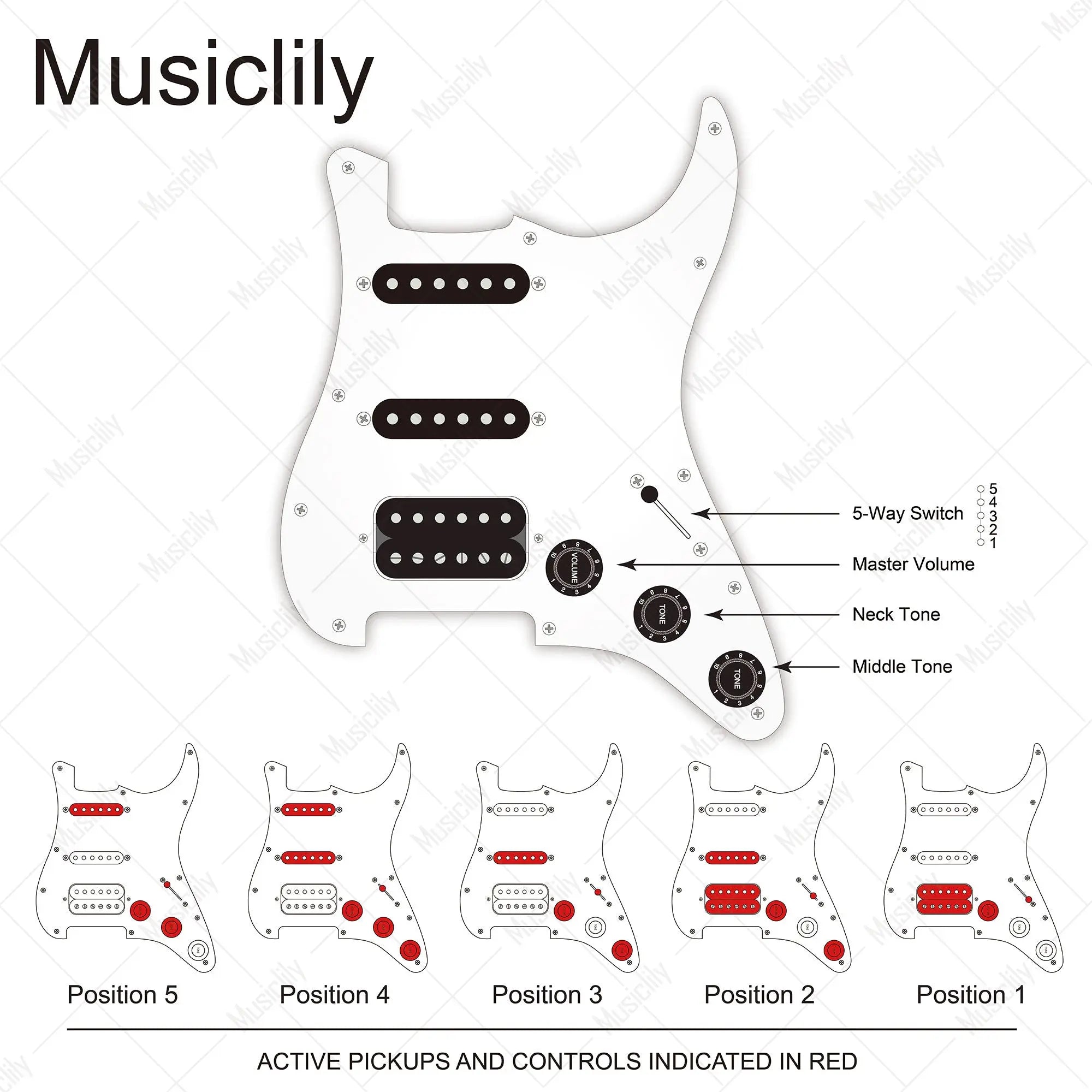 Dimensions of musiclily basic pre wired loaded standard st hss pickguard with alnico 5 magnet pickups set for strat style electric guitar mx1330bk