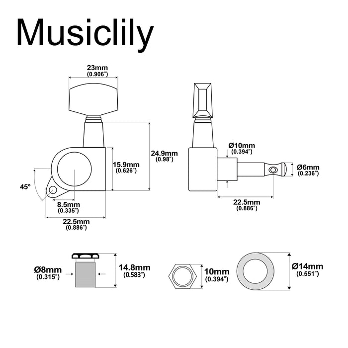 Musiclily Pro R15J Single 15:1 Ratio Full Sealed Machine Head Treble Side Tuner Tuning Peg Key with Big Hex Button for Acoustic Electric Guitar