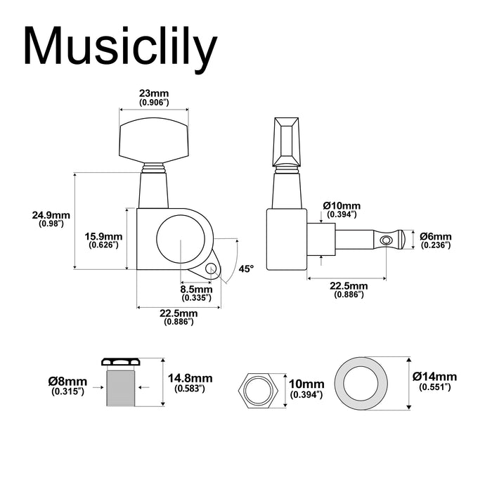 Musiclily Pro R15J Single 15:1 Ratio Full Sealed Machine Head Bass Side Tuner Tuning Peg Key with Big Hex Button for Acoustic Electric Guitar