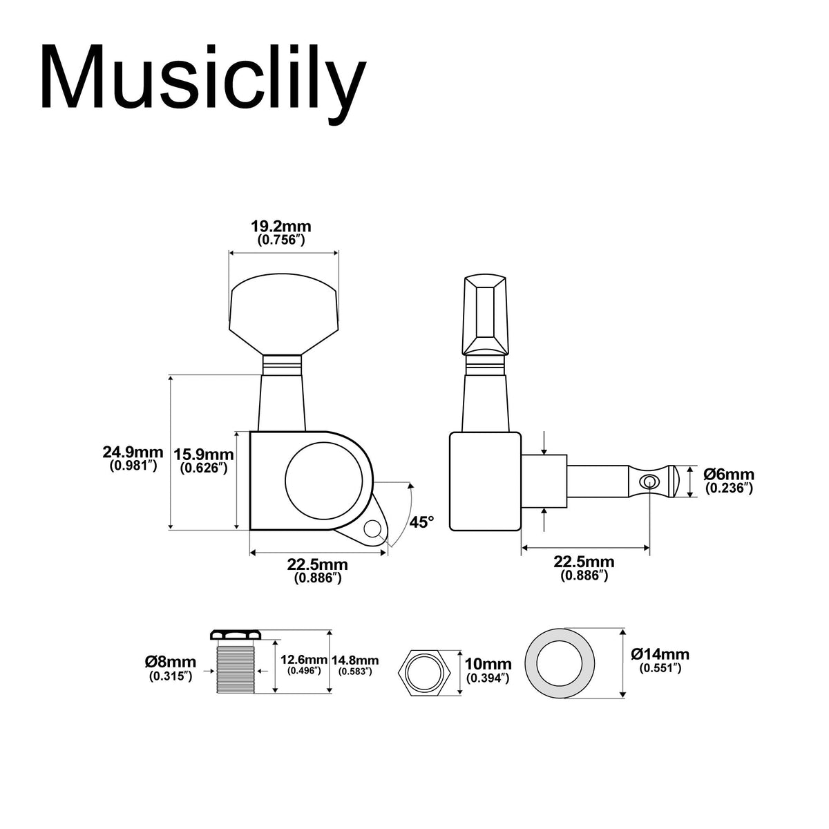 Musiclily Pro R15J-03 set di meccaniche sigillate a 6 in linea per chitarra, per stile Fender Strat Tele